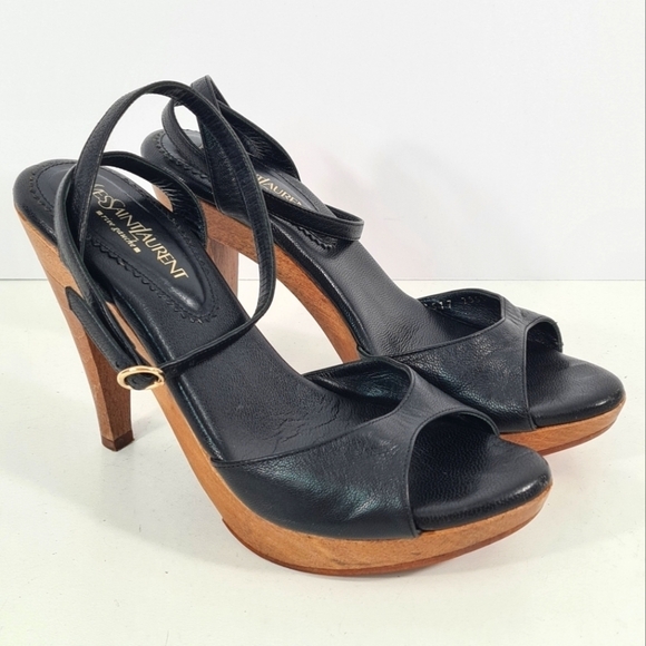 YSL Rive Gauche Black Leather Strappy Sandal Heels Size 37 - Picture 1 of 12